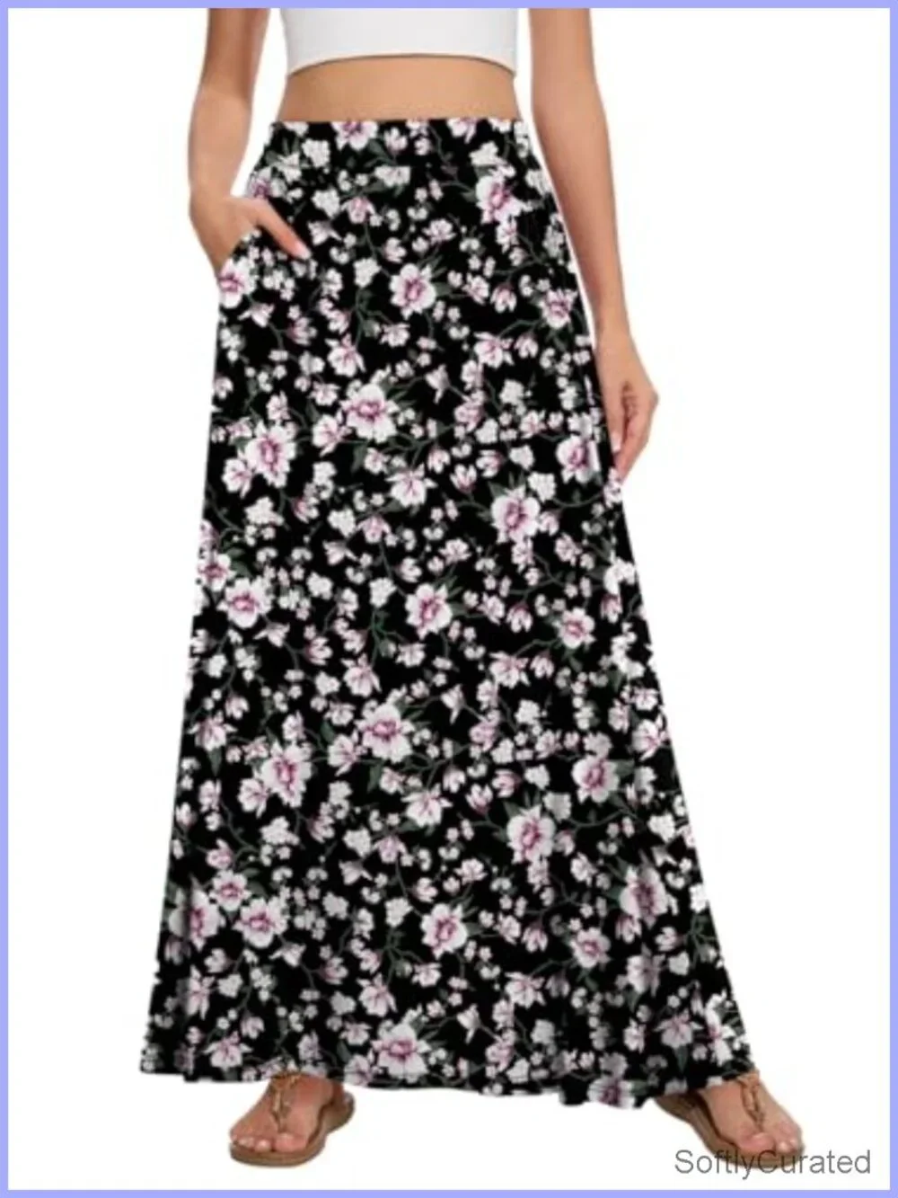Flowy A-Line Maxi Skirt with Pockets High Waist Lightweight Casual